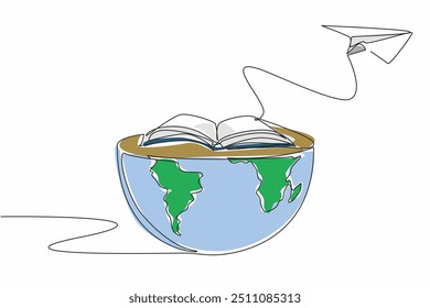 Continuous one line drawing paper airplane crosses half the globe. Smart with knowing half about the world. Mathematician. International Day of Mathematics. Single line draw design vector illustration