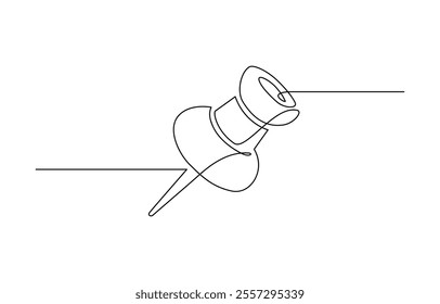 Continuous one line drawing of a paper pin. Drawing pin, Vector illustration. Single line pushpin, A pushpin drawn in one line. Minimalist linear pin icon attaching paper.