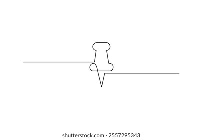 Continuous one line drawing of a paper pin. Drawing pin, Vector illustration. Single line pushpin, A pushpin drawn in one line. Minimalist linear pin icon attaching paper.