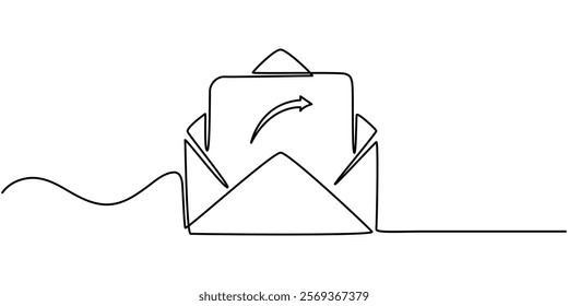 Continuous one line drawing of Paper envelope design. Paper mail simple outline illustration. Editable stroke, Single continuous line drawing of a paper envelope .   Concept of e-mail messages, sent.