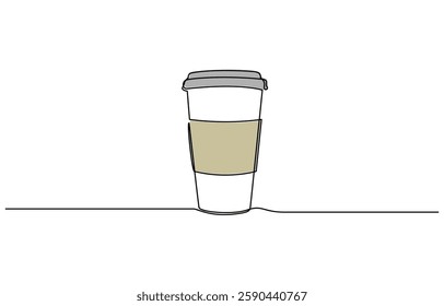 Continuous one line drawing of paper cup of coffee. One line drawing illustration of coffee takeaway, Paper cup of hot coffee in one Continuous line drawing. Concept of drink to go in line art style.