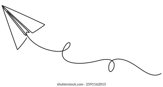 Continuous one line drawing of paper airplane flying design vector illustration, Paper plane continuous one line drawing of minimalist style and outline vector illustration, white background.