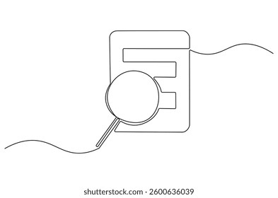 Continuous one line drawing of Paper document with magnifying glass. Single line drawing illustration set of office document. Office notes concept vector art. Line vector illustration.