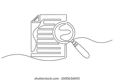 Continuous one line drawing of Paper document with magnifying glass. Single line drawing illustration set of office document. Office notes concept vector art. Line vector illustration.
