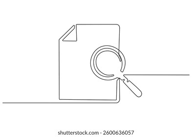 Continuous one line drawing of Paper document with magnifying glass. Single line drawing illustration set of office document. Office notes concept vector art. Line vector illustration.