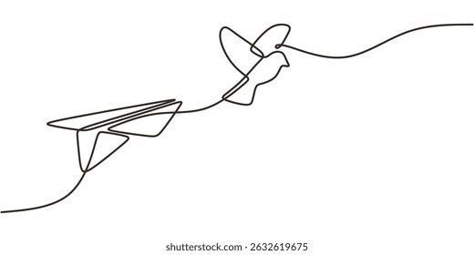 Continuous One Line Drawing Paper Airplane Flying Bird. Minimalist Freedom Travel. Imagination Nature.