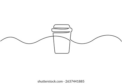 Continuous one line drawing of paper cup of coffee. One line drawing illustration, of a glass of coffee. Coffee to go. Vector illustration.