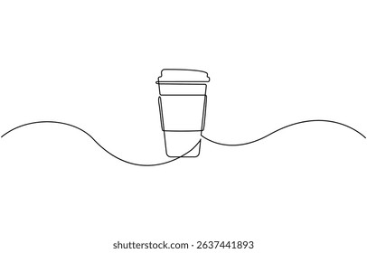 Continuous one line drawing of paper cup of coffee. One line drawing illustration, of a glass of coffee. Coffee to go. Vector illustration.
