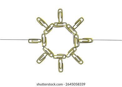 Continuous one line drawing paper clips arranged into the sun and rays around it. Symbolizing the need for paper clips in office. National Paperclip Day. Single line draw design vector illustration