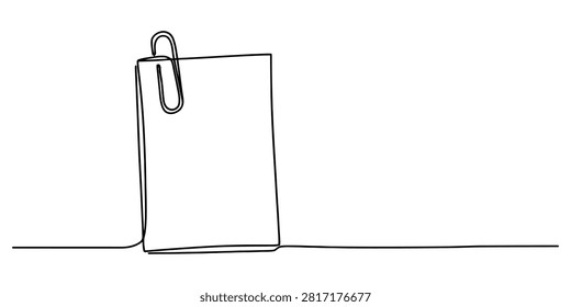 Continuous one line drawing of a paper document clipped with a metal paperclip isolated on a white background Vector, illustration