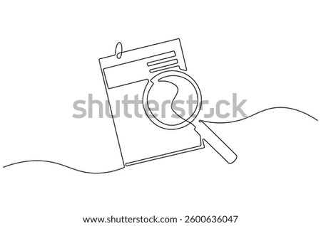 Continuous one line drawing of Paper document with magnifying glass. Single line drawing illustration set of office document. Office notes concept vector art. Line vector illustration.