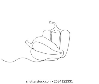 Continuous one line drawing of paprika vegetable. One line drawing illustration of vegetarian food. Pepper, ingredient, spicy concept single line. Editable outline