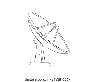 Kontinuierliche Einzeilenzeichnung der Parabolantennenscheibe. Satellitenplatte in einfacher Konturdarstellung. Bearbeitbarer Strich.