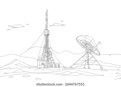 Continuous one line drawing of parabolic antena disc . Satellite disc in simple outline illustration. Editable stroke.