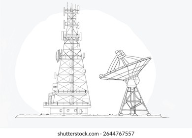 Desenho contínuo de uma linha do disco da antena parabólica . Disco satélite em uma ilustração simples. Traçado editável.