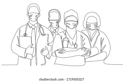 Continuous One Line Drawing Of Paramedic, Medical Team Wearing Protective Surgical Mask. Vector Illustration  