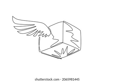 Continuous one line drawing parcel with wings symbol logo, transportation, fast delivery, box, package. Isolated icon suitable for website, interface, apps. Single line draw design vector illustration