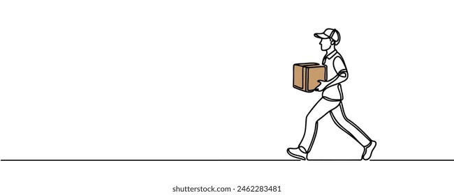 continuous one line drawing of parcel delivery. Young guy with a shopping delivery box on a white background