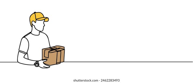 Kontinuierliche einzeilige Zeichnung der Paketzustellung. Junger Mann mit einem Einkaufskasten auf weißem Hintergrund