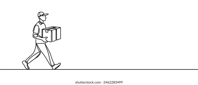dibujo continuo de una línea de paquetería. Chico joven con una caja de entrega de compras en un fondo blanco