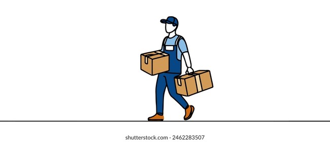 dibujo continuo de una línea de paquetería. Chico joven con una caja de entrega de compras en un fondo blanco