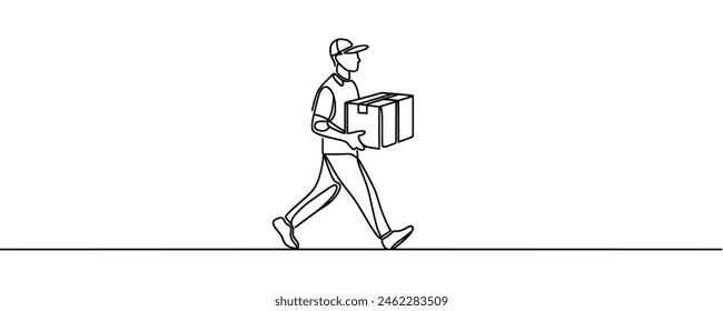 continuous one line drawing of parcel delivery. Young guy with a shopping delivery box on a white background