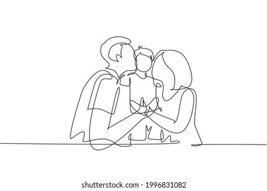 Continuous one line drawing parents kissing their little boy on his cheeks. Adorable child with an innocent expression. National children's day. Single line draw design vector graphic illustration