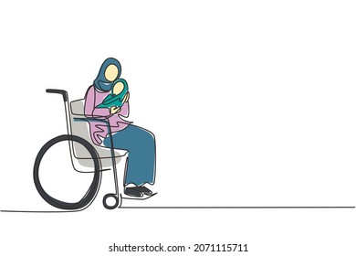 Continuous one line drawing parents with newborn baby. Arab woman hold baby, sitting in wheelchair. Disabled woman holding baby in her arms. Family love concept. Single line draw design vector graphic