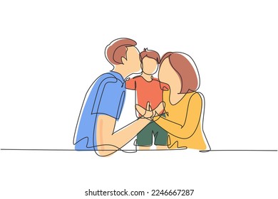 Continuous one line drawing parents kissing their little boy on his cheeks. Adorable child with an innocent expression. National children's day. Single line draw design vector graphic illustration