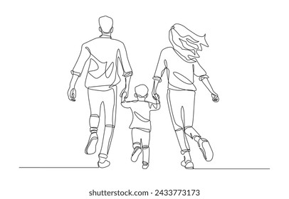 Continuous one line drawing of parents and child holding hands and running together, happy family concept, single line art.