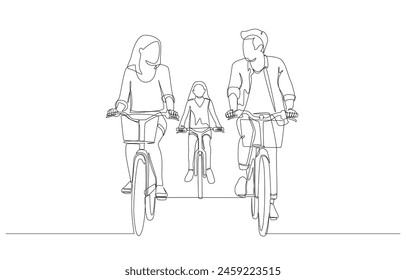 Continuous one line drawing of parents spending free time cycling with daughter, family activity concept, single line art.