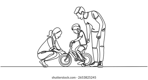 Continuous one line drawing of parents teaching child to ride a bike together, line art style vector illustration, One single line drawing of young mother teaching her son riding bicycle at public