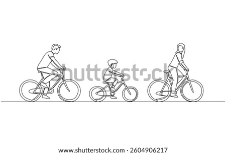 Continuous one line drawing of parents and son riding bicycles in a row, family cycling activity concept, single line art