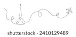 Continuous one line drawing of Paris Eiffel tower with airplane path. French landmarks and city architecture in simple linear style. Editable stroke. Doodle outline vector illustration