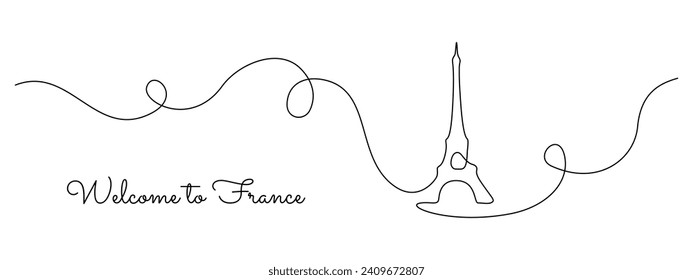 Continuous one line drawing of Paris Eiffel tower. French landmarks and city architecture in simple linear style. Editable stroke. Doodle vector illustration