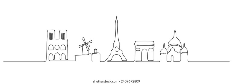 Dibujo continuo de una línea del horizonte de París. Edificios franceses emblemáticos y arquitectura de la ciudad con Torre Eiffel en estilo lineal simple. Trazo editable. Ilustración del vector Doodle