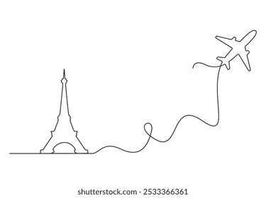 Desenho contínuo de uma linha da Torre Eiffel de Paris com avião. Ilustração vetorial