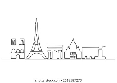 Continuous one line drawing of Paris city skyline. Single line drawing illustration of France cityscape. Beautiful buildings and architecture concept vector art. Doodle line illustration.