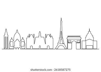 Kontinuierliche einzeilige Zeichnung der Skyline der Stadt Paris. Einzeilige Zeichnung Illustration von Frankreich Stadtlandschaft. Schöne Gebäude und Architektur Konzept Vektorkunst. Doodle Linie Illustration.