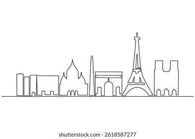 Continuous one line drawing of Paris city skyline. Single line drawing illustration of France cityscape. Beautiful buildings and architecture concept vector art. Doodle line illustration.