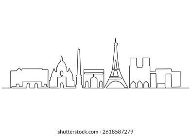 Continuous one line drawing of Paris city skyline. Single line drawing illustration of France cityscape. Beautiful buildings and architecture concept vector art. Doodle line illustration.