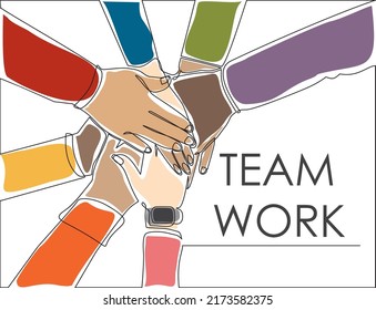 Continuous one line drawing of  partners with stack of hands showing unity and teamwork, top view. Can used for logo, emblem, slide show and banner. Illustration with quote template. 