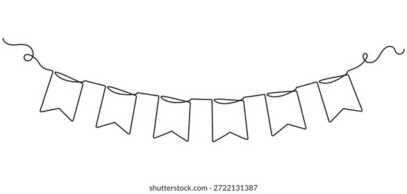 Continuous one line drawing of party bunting garland. Minimalist hand-drawn celebration decoration. Simple linear vector illustration isolated on white.