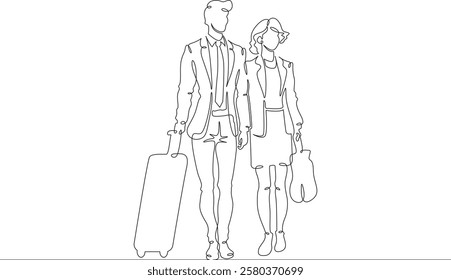 Continuous one line drawing passengers with luggage.Travelers with suitcases and bags.Family going on vacation.Tourism.Travel.One continuous line isolated minimal illustration.Not AI.