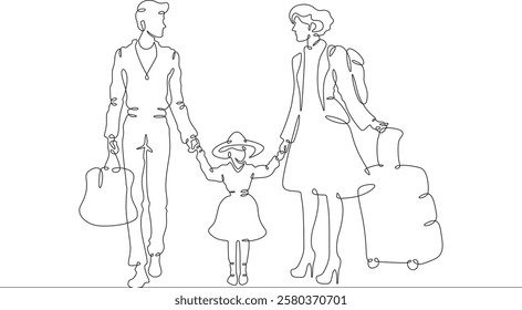 Continuous one line drawing passengers with luggage.Travelers with suitcases and bags.Family going on vacation.Tourism.Travel.One continuous line isolated minimal illustration.Not AI.