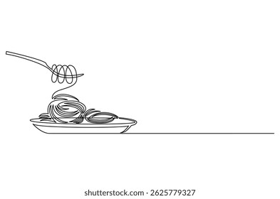 Continuous one line drawing of Pasta and spaghetti. Single line drawing illustration of Noodle on plate with fork. Restaurant business concept vector art. Doodle line illustration.