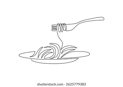 Dibujo continuo de una línea de Pasta y espagueti. Ilustración de dibujo de una sola línea de fideos en la placa con tenedor. Arte vectorial de concepto de negocio de restaurante. ilustración de línea Doodle.
