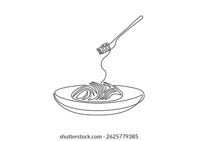 Kontinuierliche einzeilige Zeichnung von Pasta und Spaghetti. Einzeilige Zeichnung von Nudel auf Platte mit Gabel. Restaurant Geschäftskonzept Vektorgrafik. Doodle Linie Illustration.