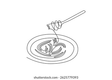 Continuous one line drawing of Pasta and spaghetti. Single line drawing illustration of Noodle on plate with fork. Restaurant business concept vector art. Doodle line illustration.
