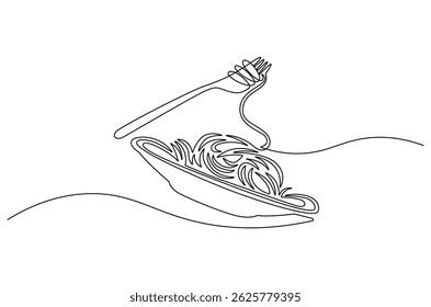 Continuous one line drawing of Pasta and spaghetti. Single line drawing illustration of Noodle on plate with fork. Restaurant business concept vector art. Doodle line illustration.